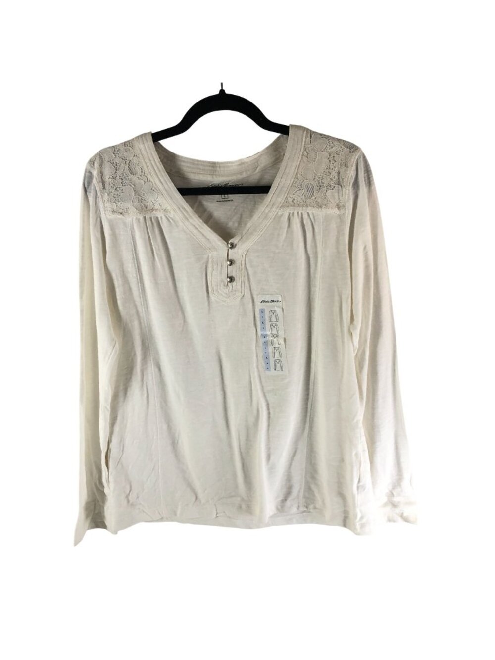 Eddie Bauer Womens Long Sleeve Lace Trim Henley Shirt Large 100% Cotton Ecru